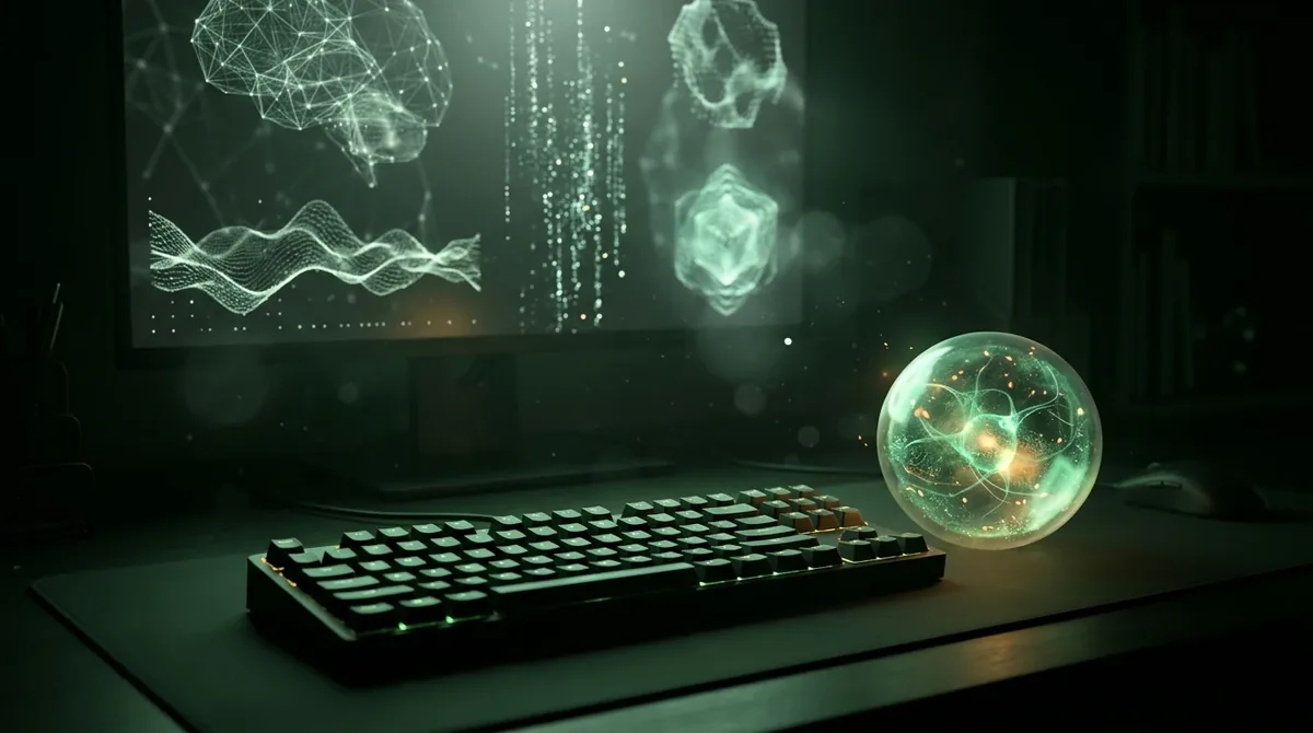 Teclado de programador con código luminoso y asistente