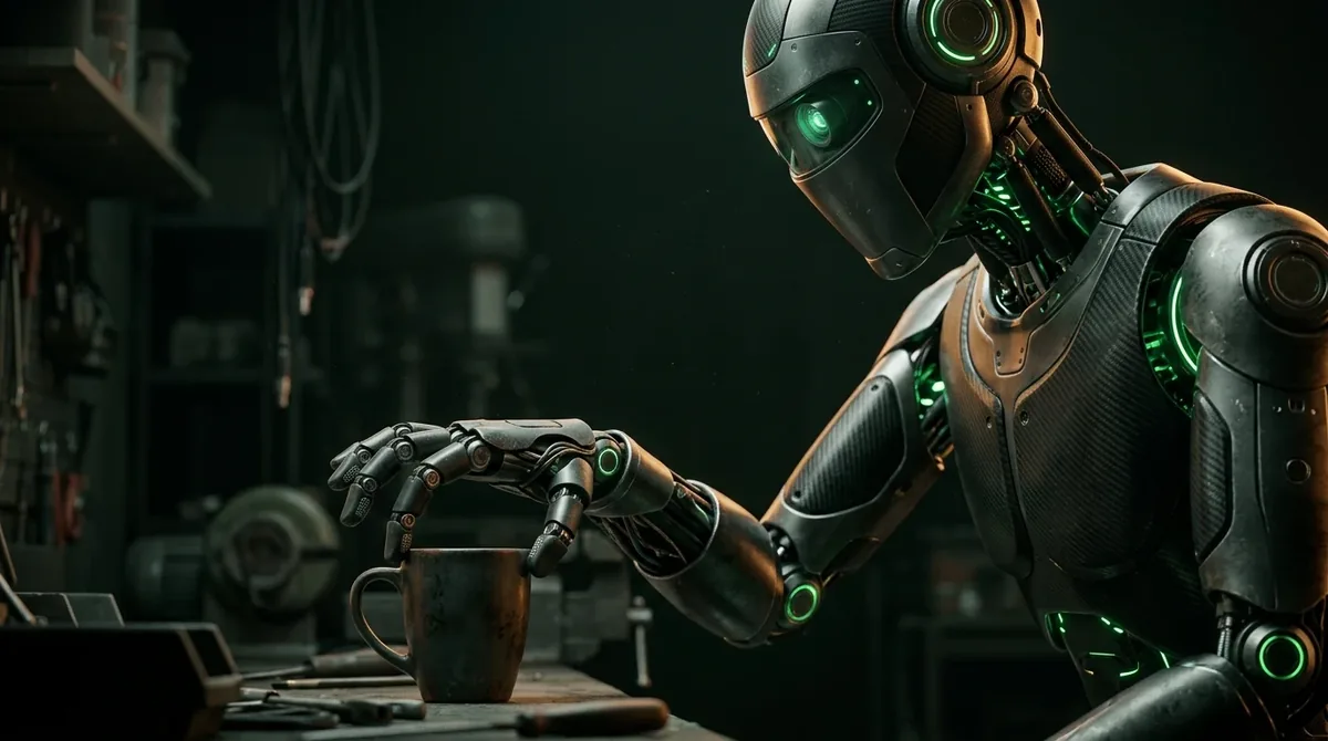 Robot humanoide manipulando objetos en un taller